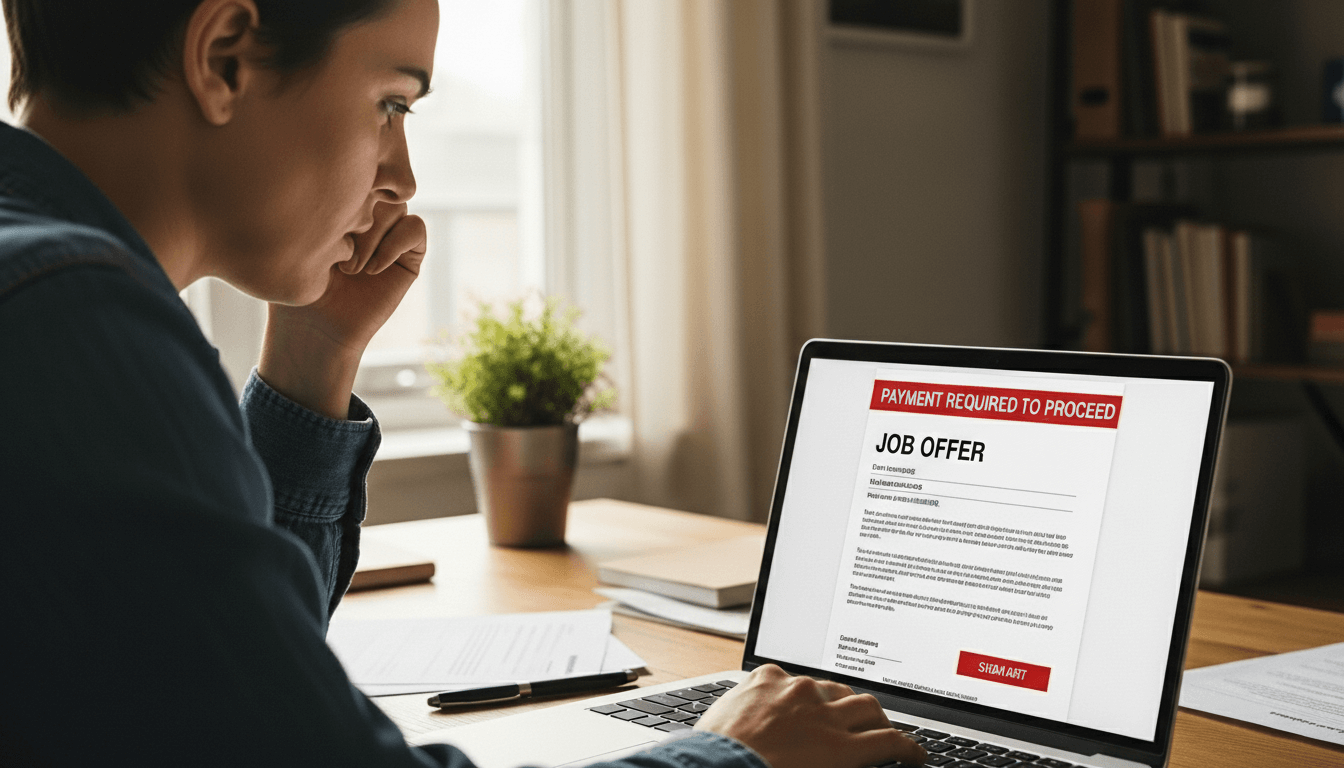 Person reading a laptop screen showing a job offer with a red warning banner stating "Payment required to proceed"