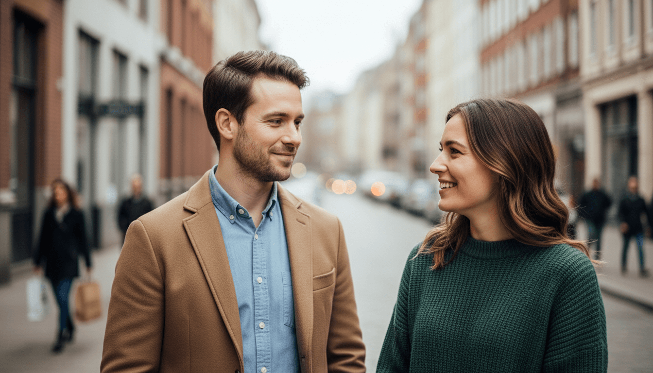 Man in tan coat and woman in green sweater smiling at each other on a city street.