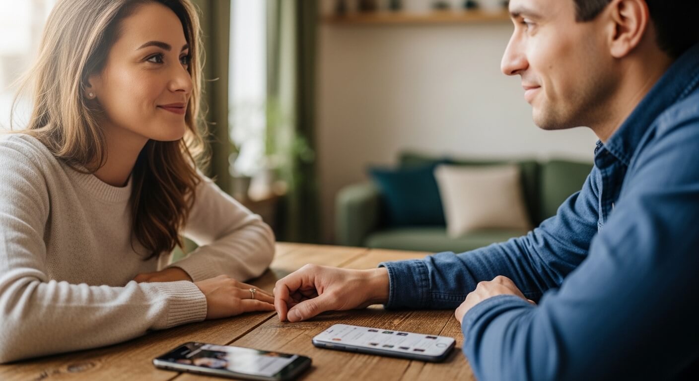 Man and woman sitting at a table, smiling and looking at each other with smartphones on the table.