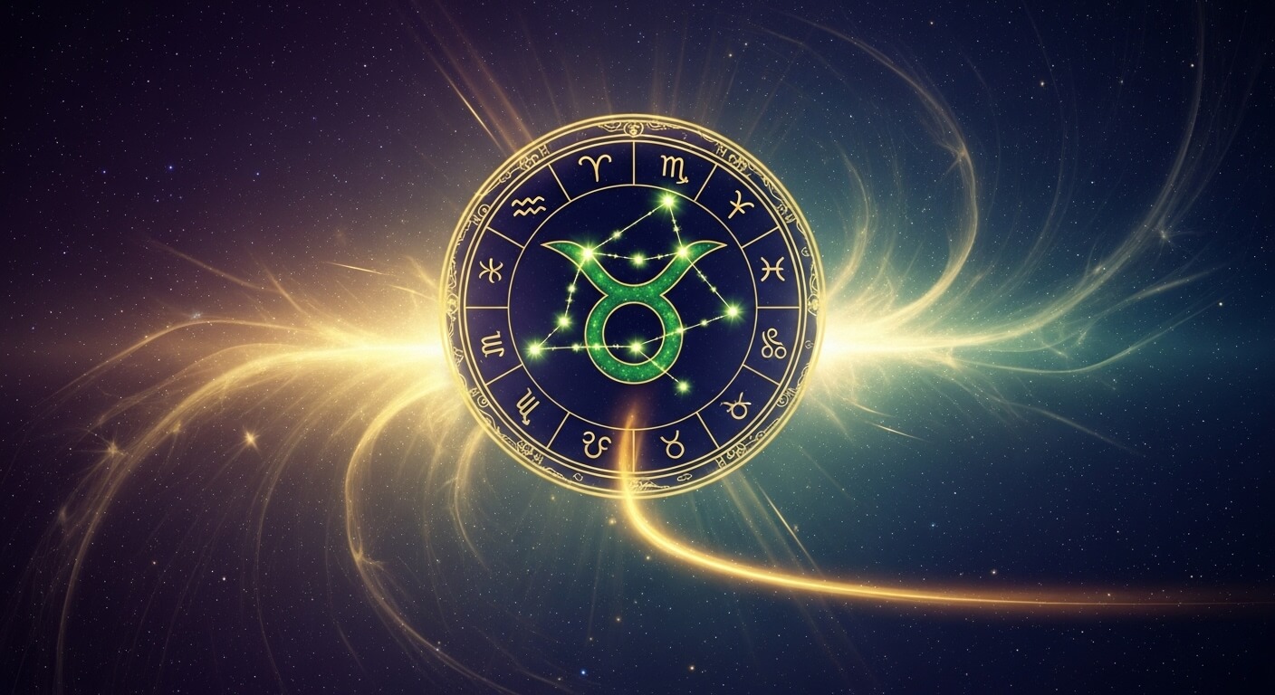 Zodiac wheel with glowing Taurus symbol and constellation against a starry cosmic background