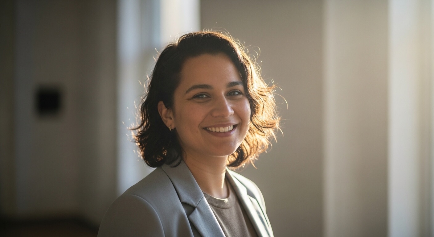 Smiling woman with short curly hair wearing a gray blazer and beige top in soft natural light