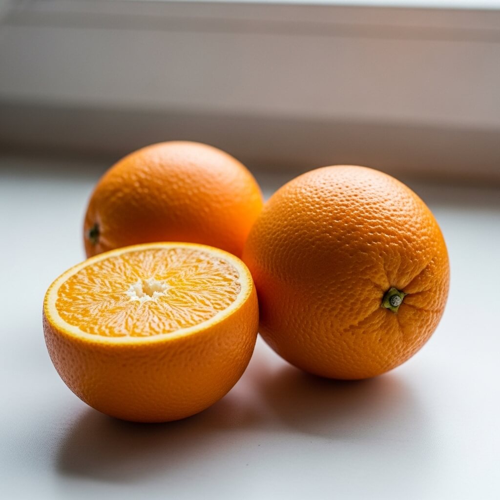 Two whole oranges and one half orange on a white surface near a window