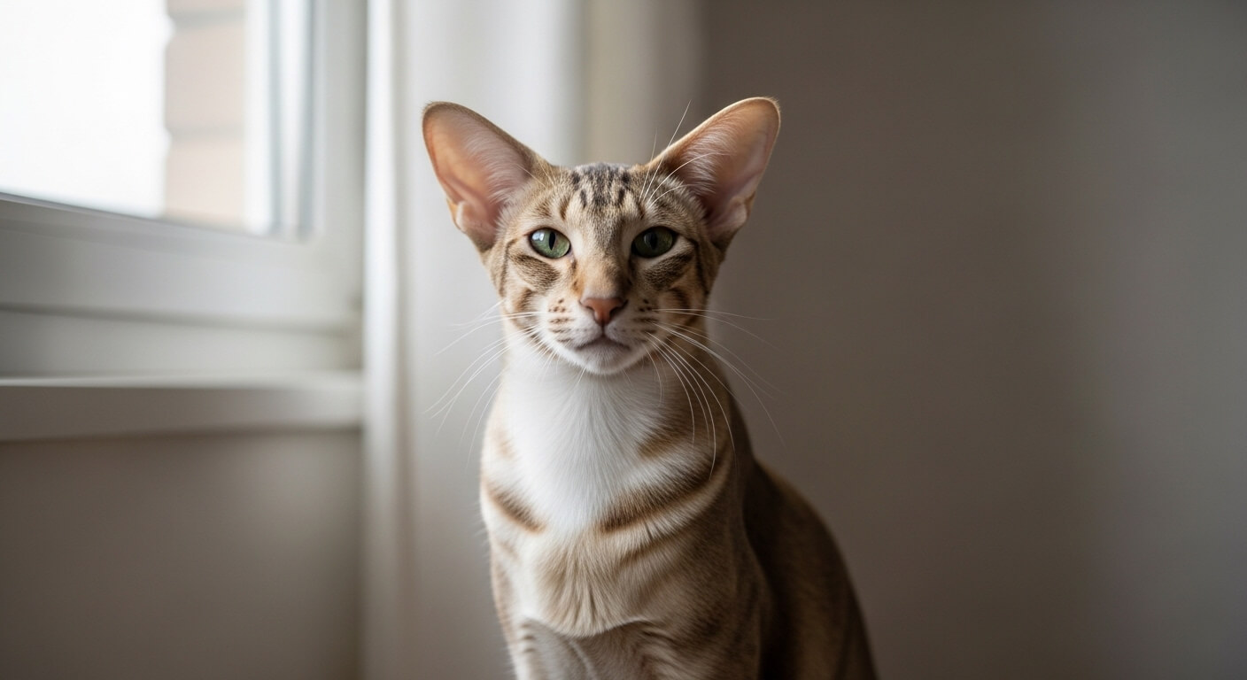 Oriental Shorthair cat with green eyes sitting near a window with white curtains and a neutral background.