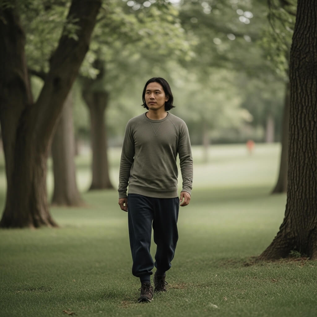 Man in gray sweatshirt and navy pants walking in a tree-lined park