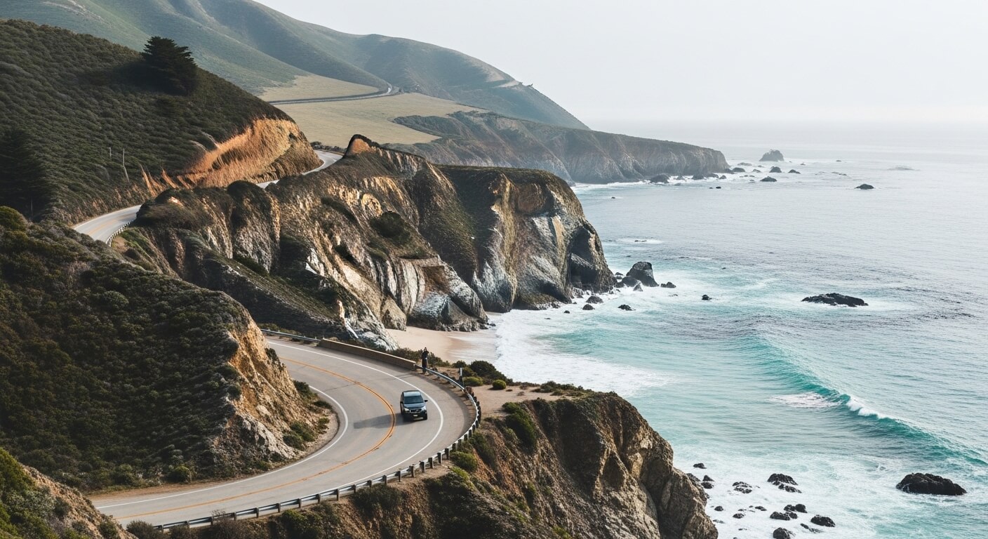 Car driving on winding coastal road along cliffs and ocean waves under overcast sky