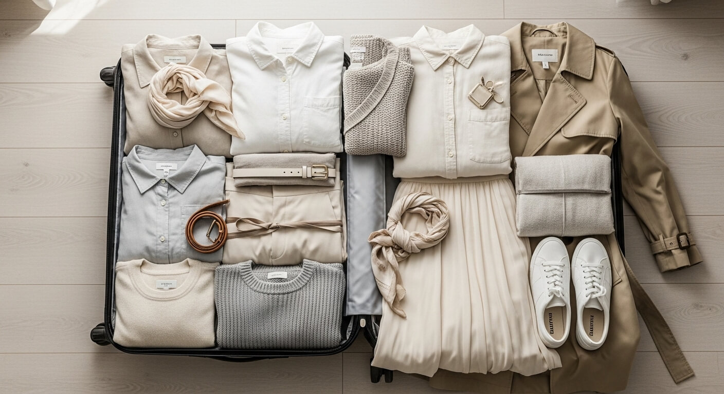 Packed suitcase with neutral-toned clothing including shirts, sweaters, belts, scarves, a trench coat, and white sneakers.
