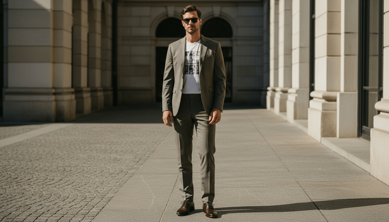 Man wearing gray suit, graphic t-shirt, sunglasses, and brown shoes standing on a city sidewalk