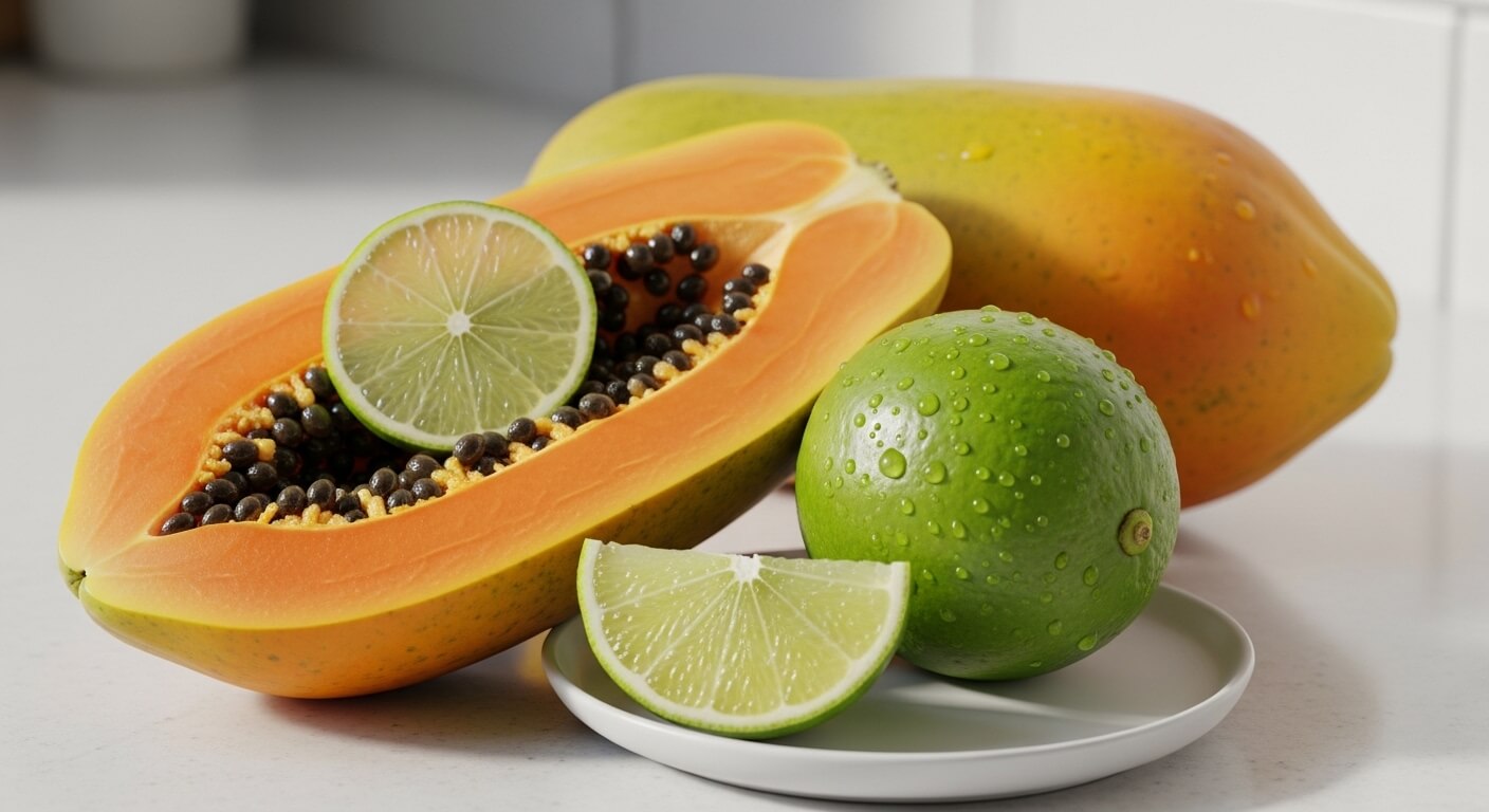 Halved papaya with black seeds, whole and sliced lime on a white plate on a countertop