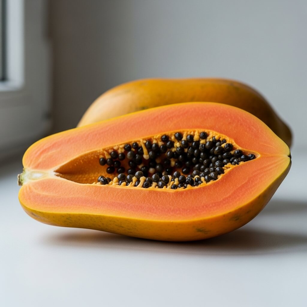 Ripe papaya cut in half showing orange flesh and black seeds on a white surface near a window