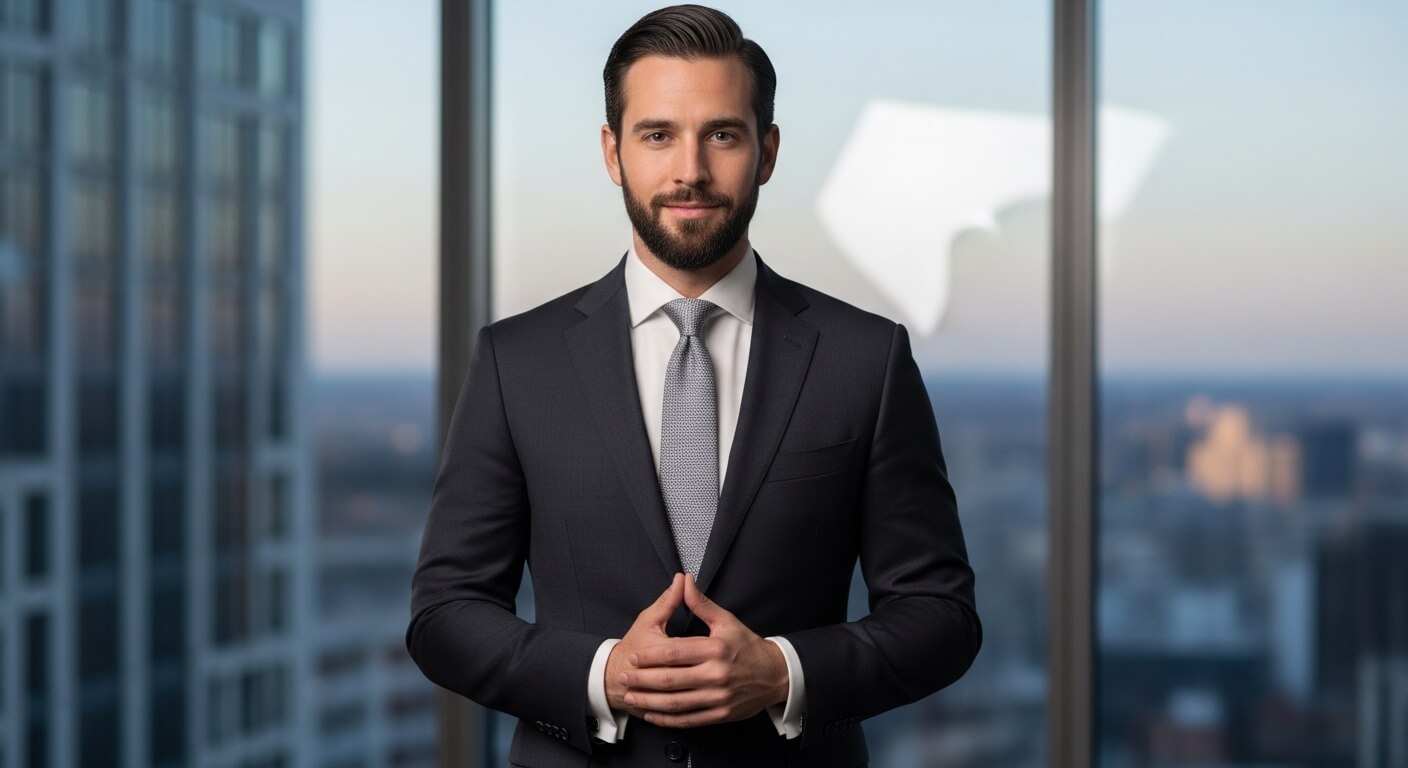 Confident man in a dark suit and gray tie standing in front of a large window with a cityscape background.