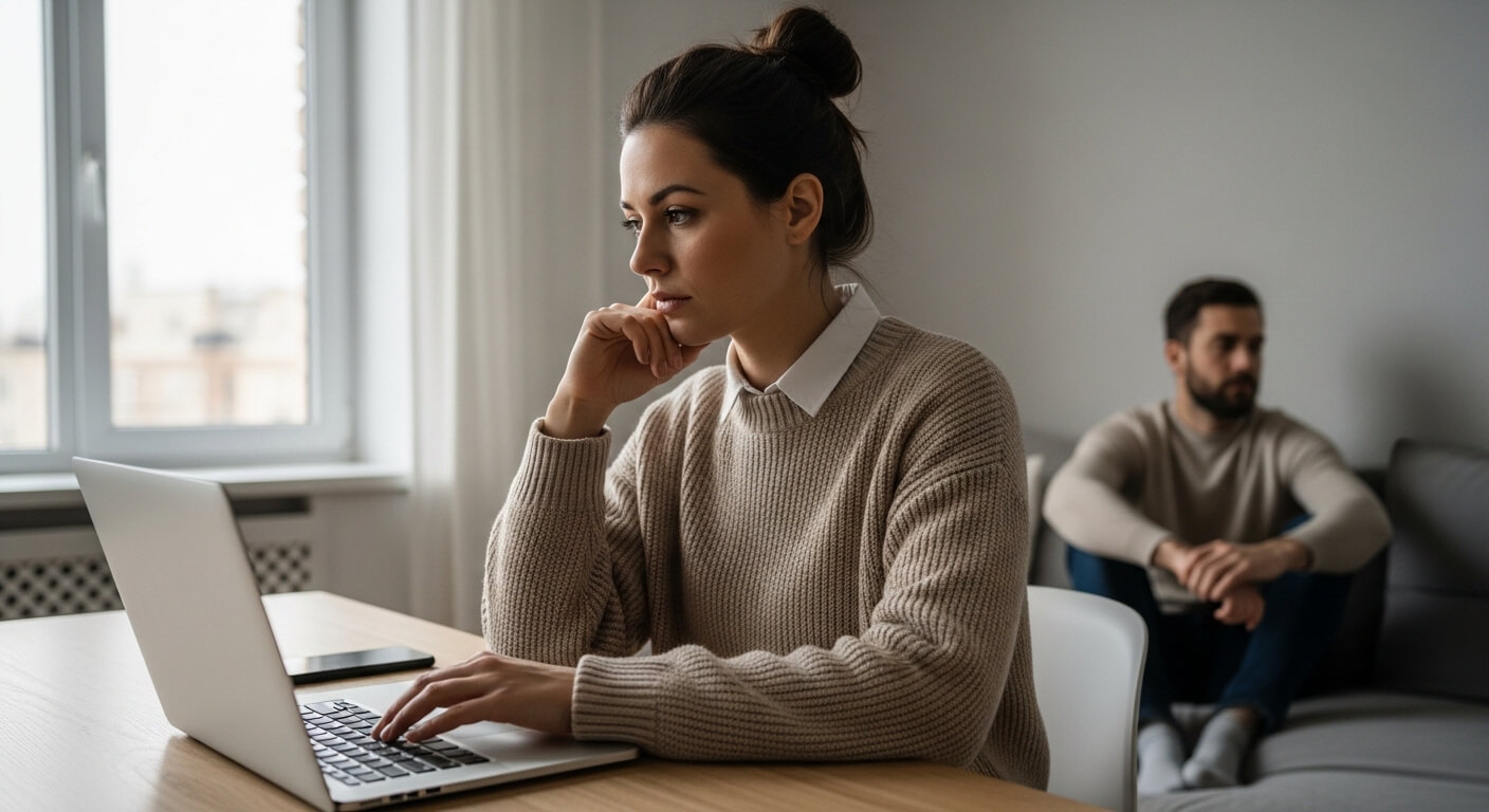 Woman in beige sweater working on laptop while a man sits on a couch in the background looking away