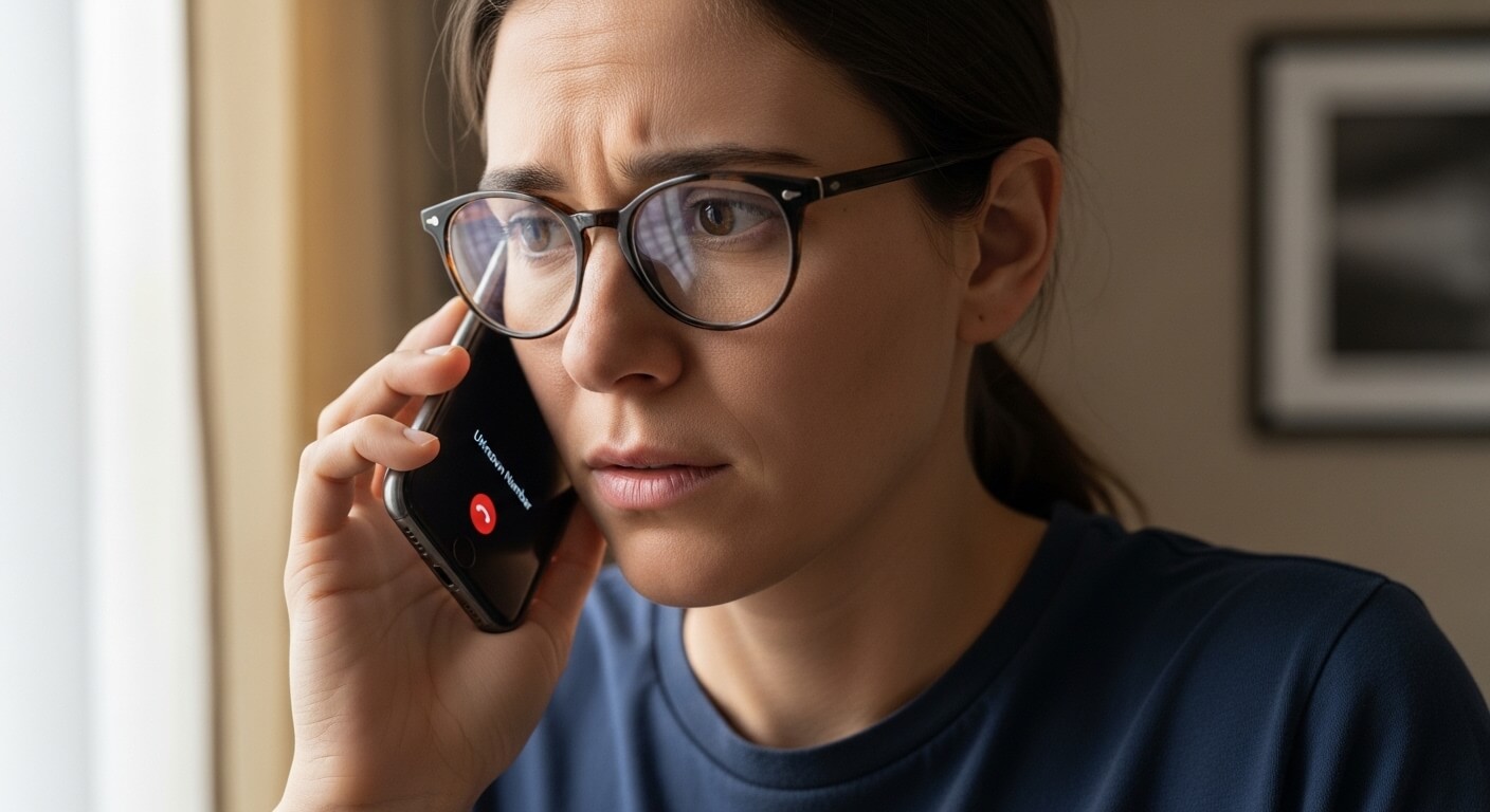 Woman with glasses looking worried while holding a smartphone showing an unknown number call screen