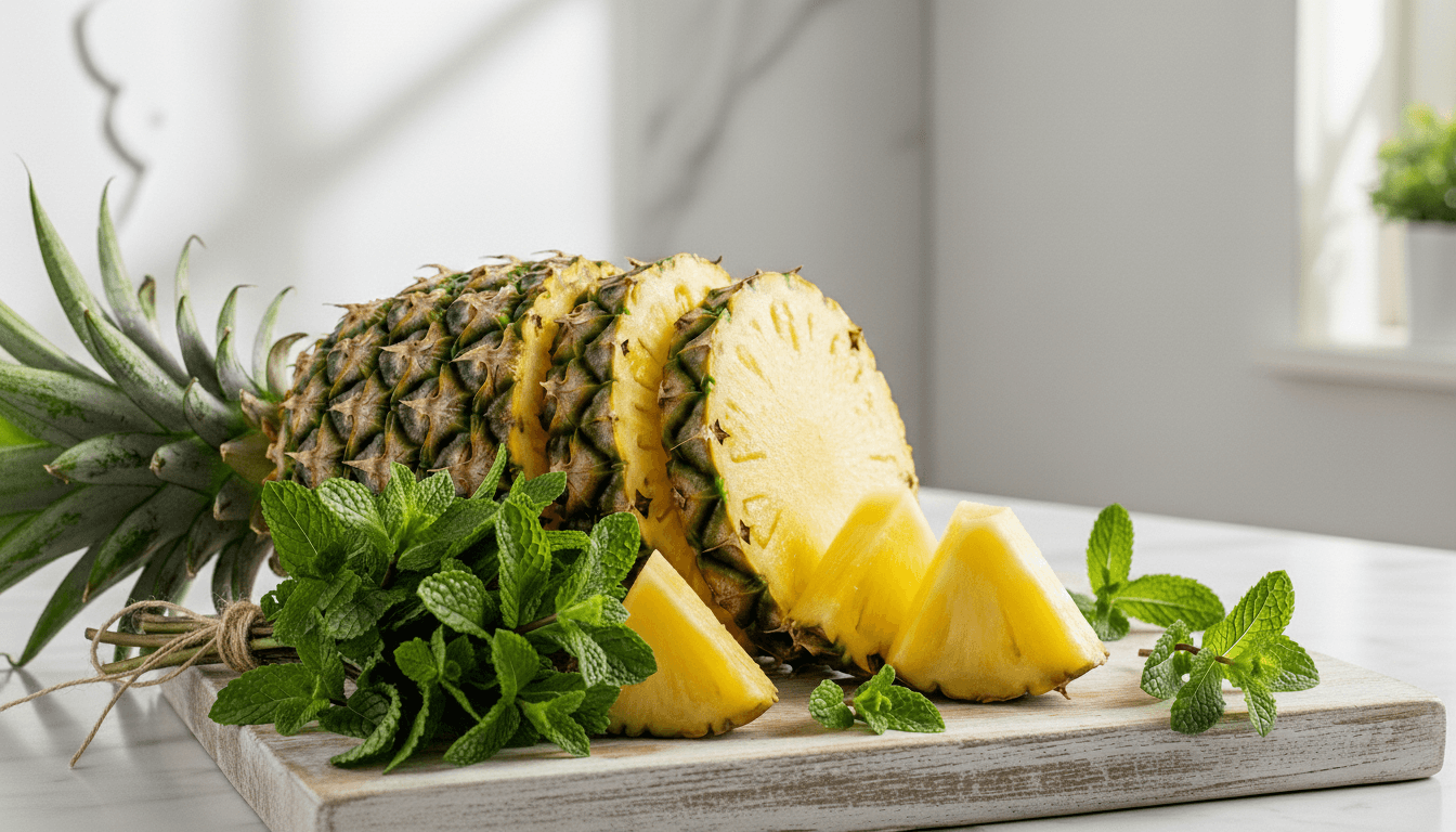Sliced pineapple and fresh mint leaves on a wooden cutting board in natural light.