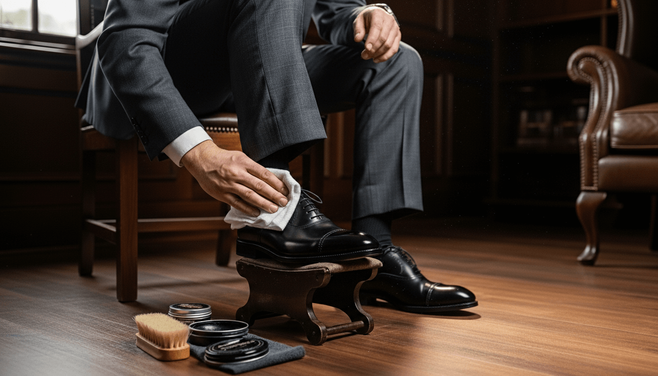 Man in gray suit polishing black leather dress shoes with cloth and shoe care products on wooden floor
