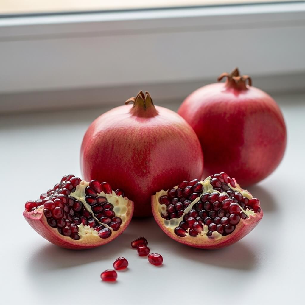Two whole pomegranates and two halves with visible red seeds on a white surface