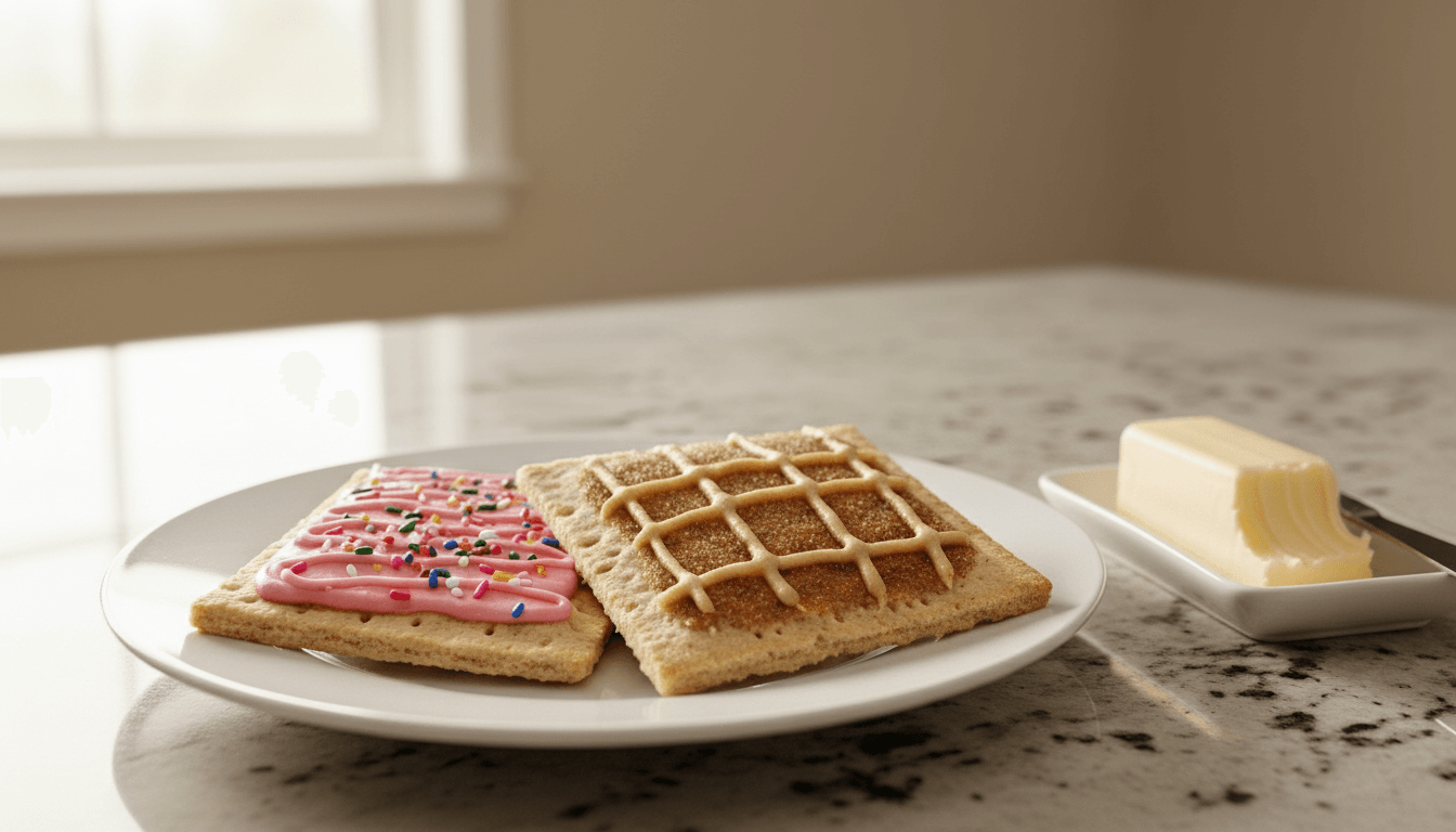 Two toaster pastries on a white plate, one with pink frosting and sprinkles, the other with cinnamon sugar and icing, next to butter.