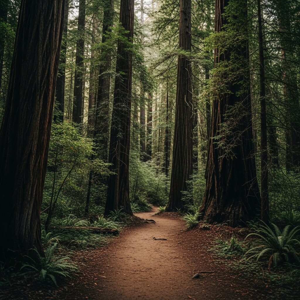 Dirt path winding through a dense forest of tall redwood trees with green undergrowth.