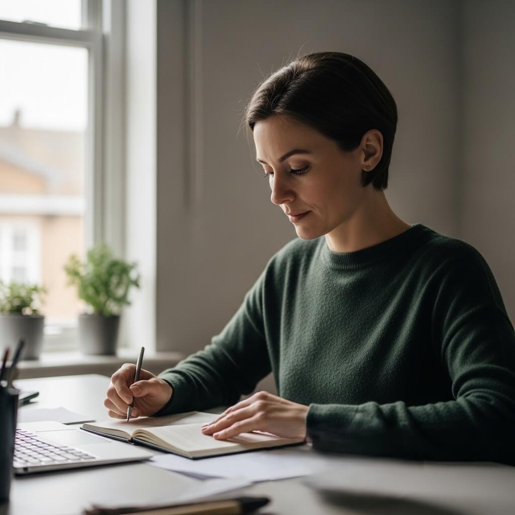 Woman in a dark green sweater writing in a notebook at a desk near a window with potted plants.