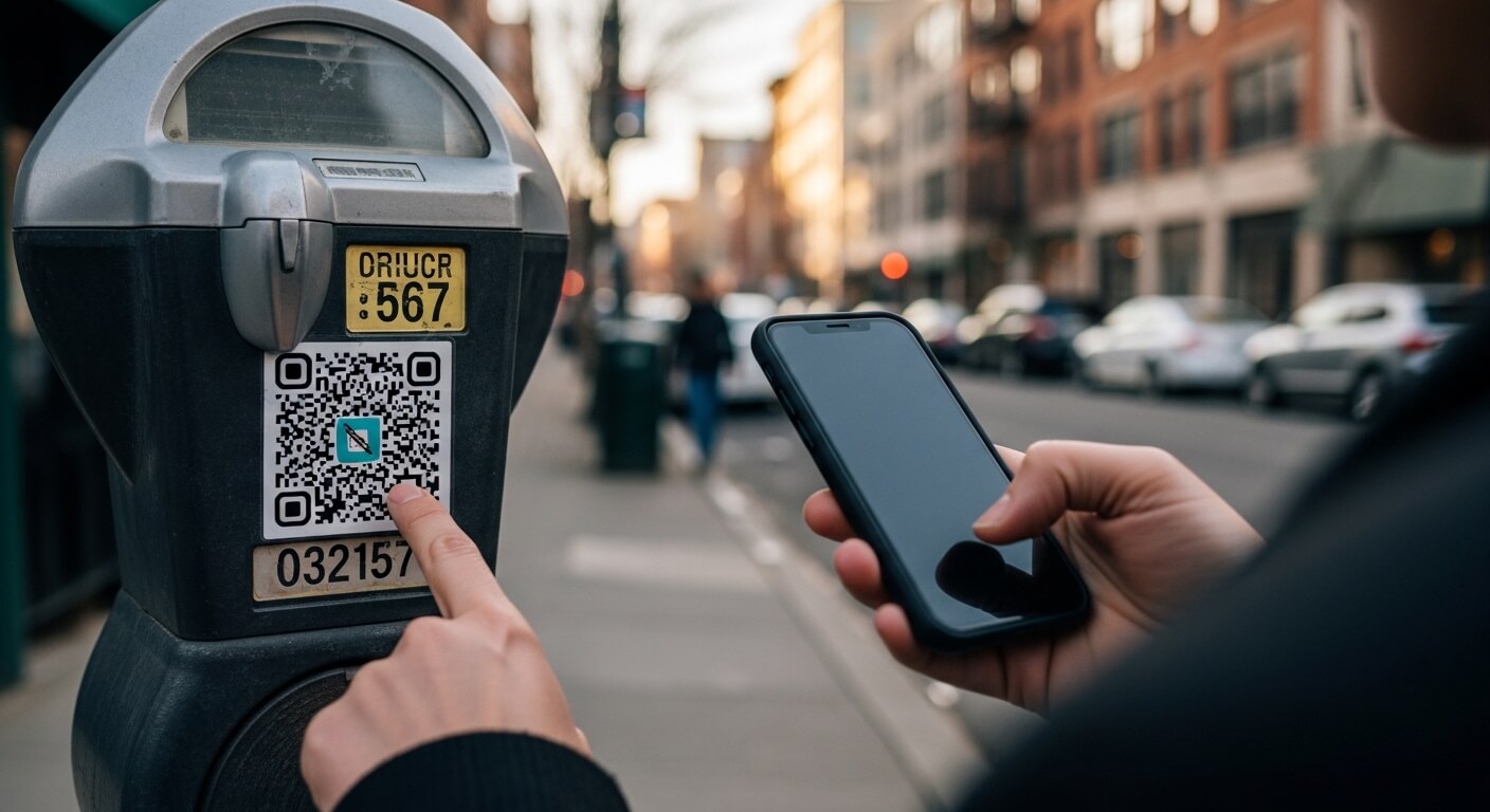 Person scanning a QR code on a parking meter with a smartphone on a city street.