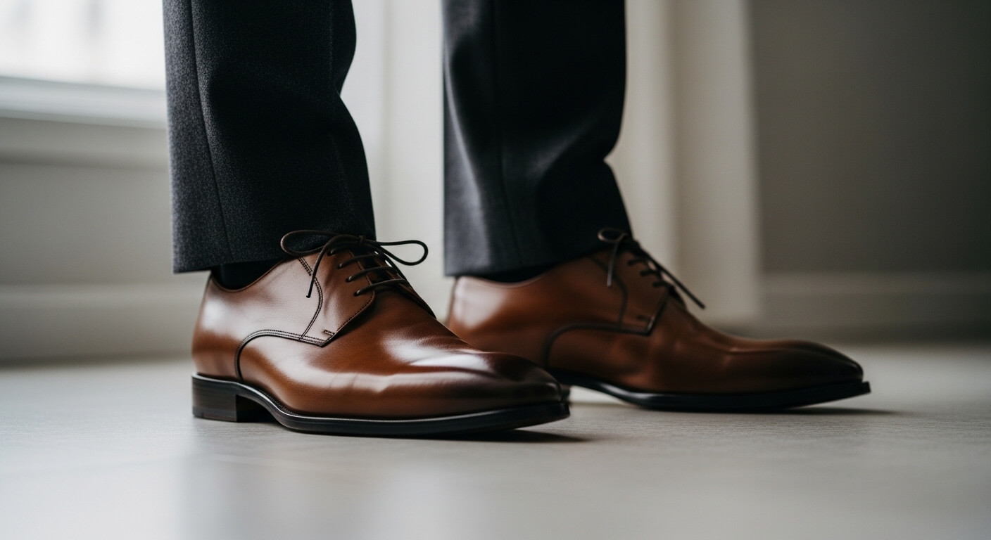 Brown leather dress shoes worn with dark trousers on a light floor indoors