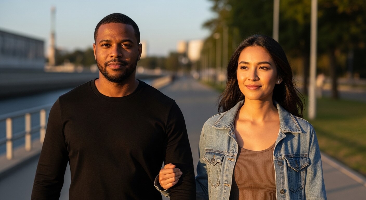 Man in black shirt and woman in denim jacket walking arm in arm outdoors at sunset