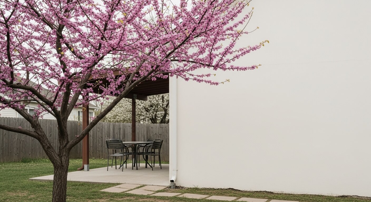 Pink blossoming tree next to a patio with a table and four chairs in a fenced backyard.