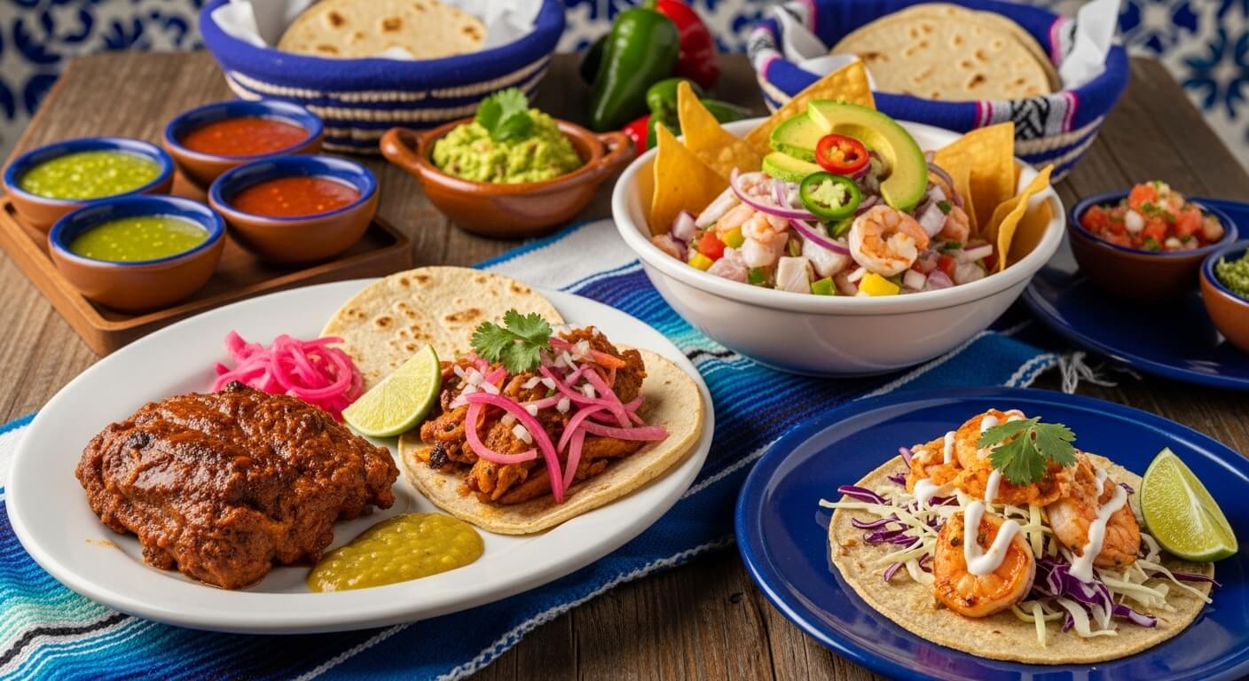 Mexican dishes including chicken mole, shrimp taco, shrimp ceviche, tortillas, guacamole, and various salsas on a wooden table.