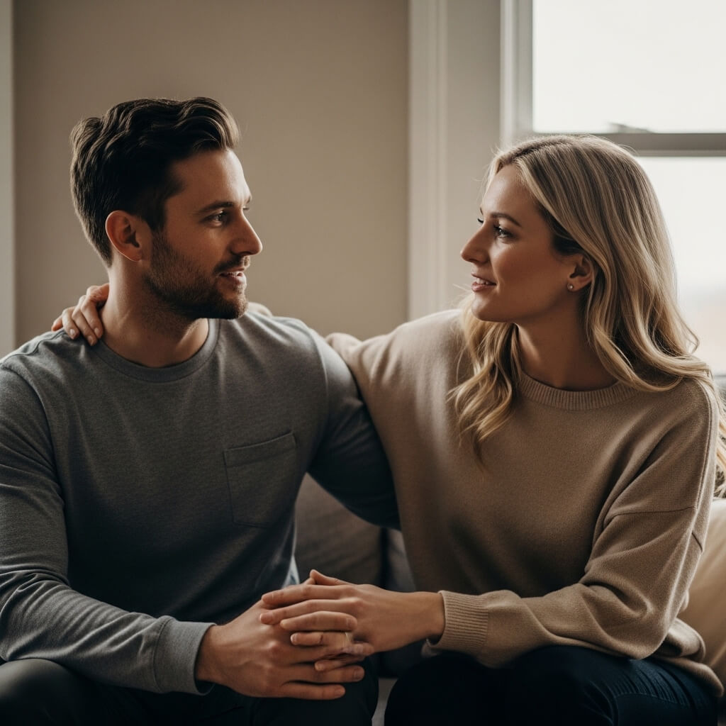 Couple sitting on a couch holding hands and looking at each other indoors by a window