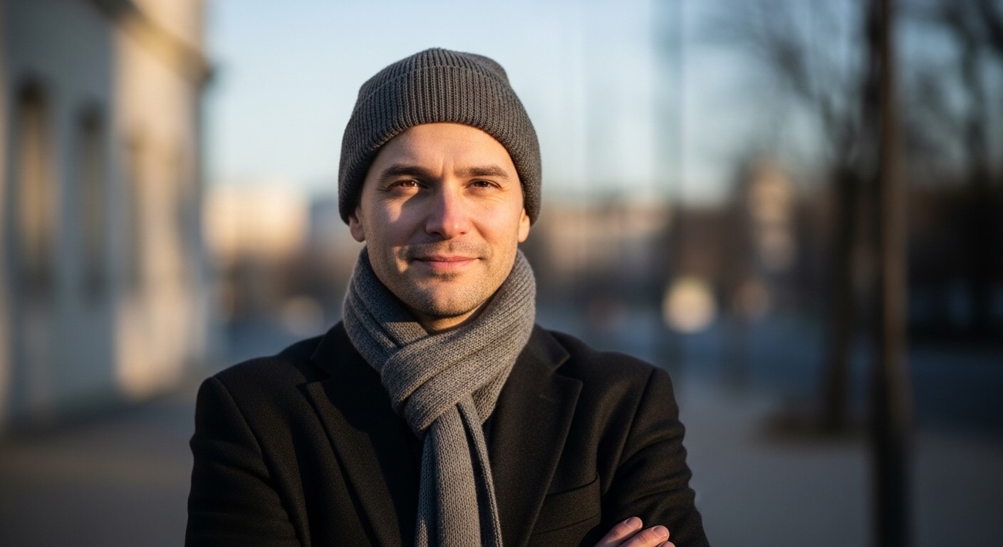 Man wearing gray knit hat and scarf with black coat standing outdoors with arms crossed