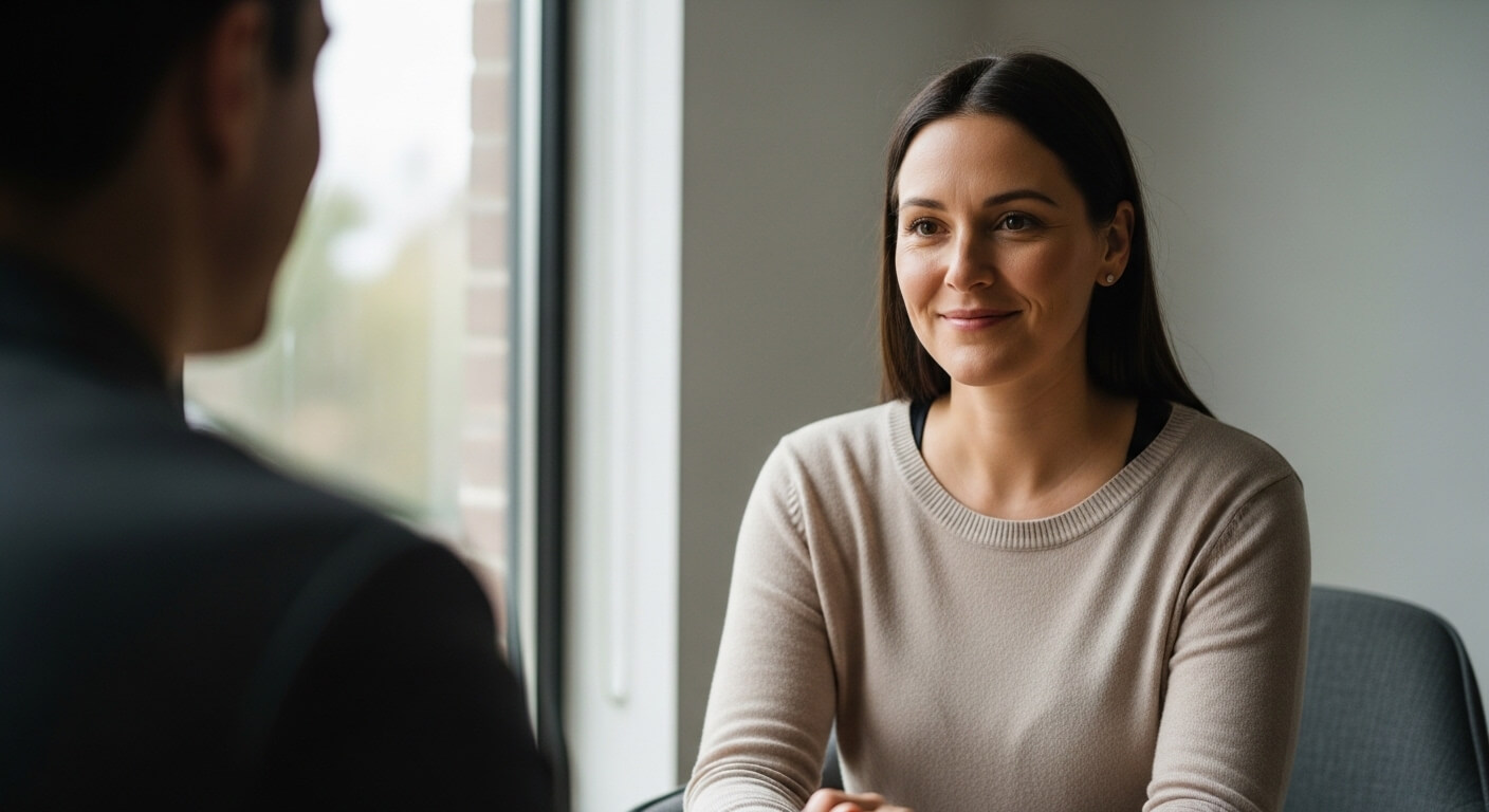 Woman in beige sweater smiling and listening during a conversation with a man by a window