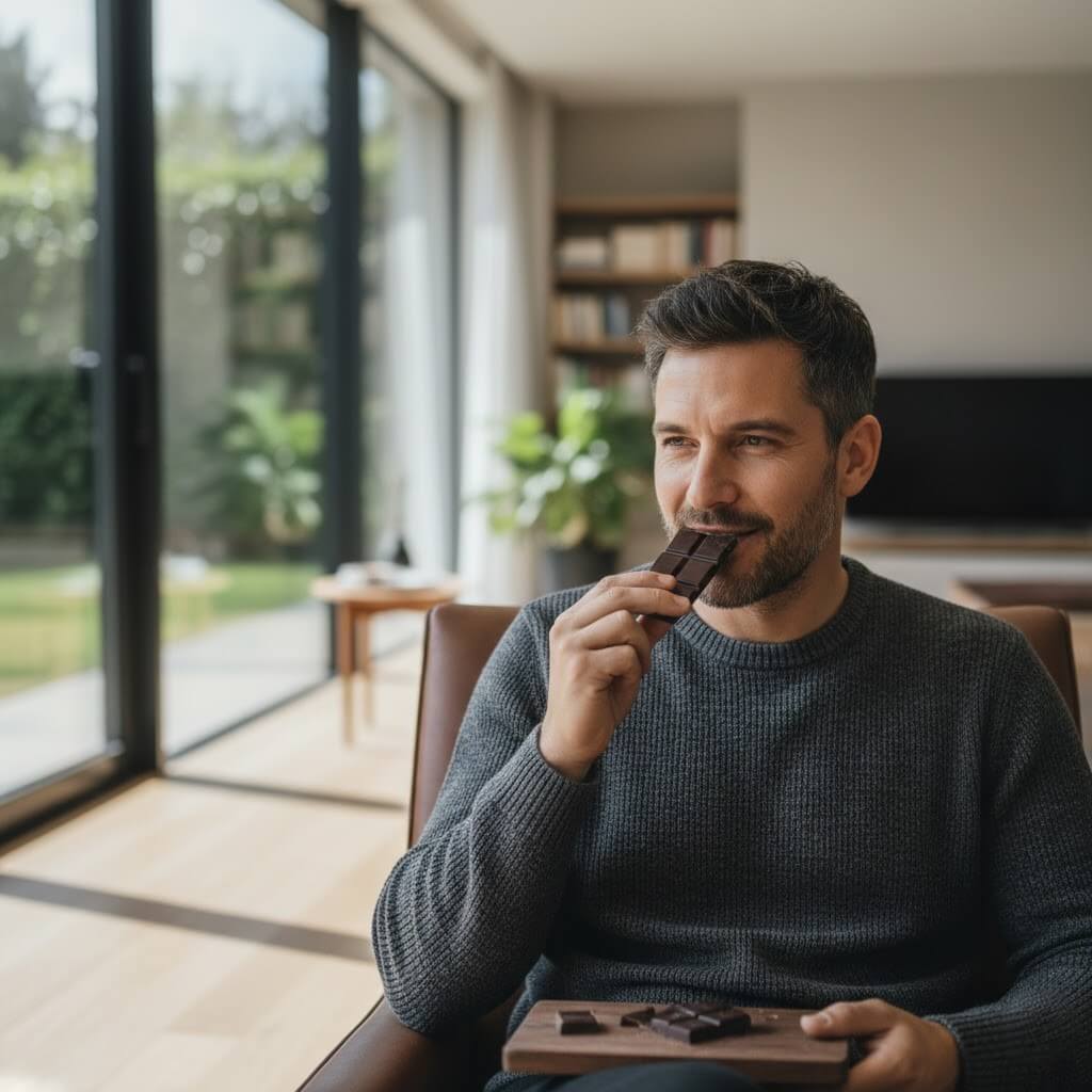 Man in gray sweater eating dark chocolate in a modern living room with large windows and plants