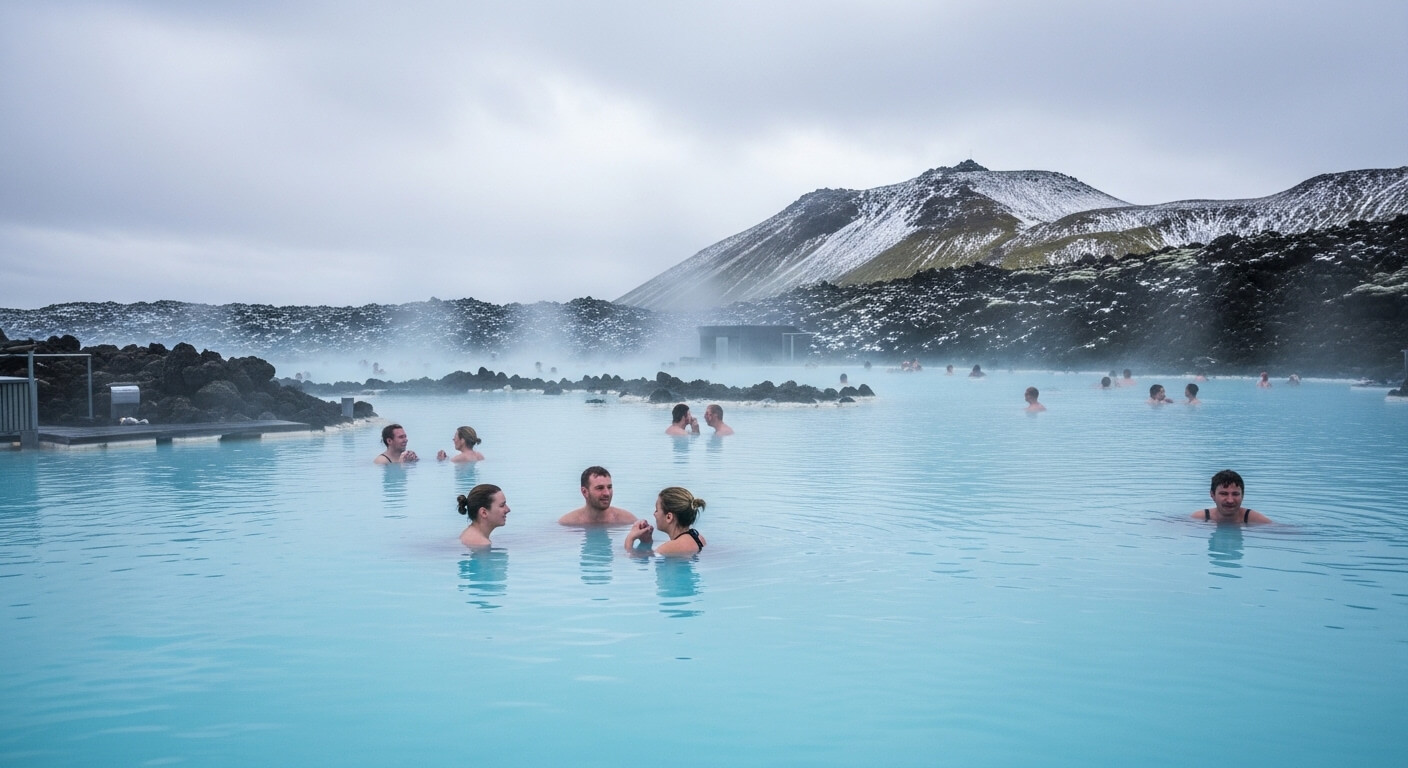 People bathing in the Blue Lagoon geothermal spa with snow-covered mountains in the background
