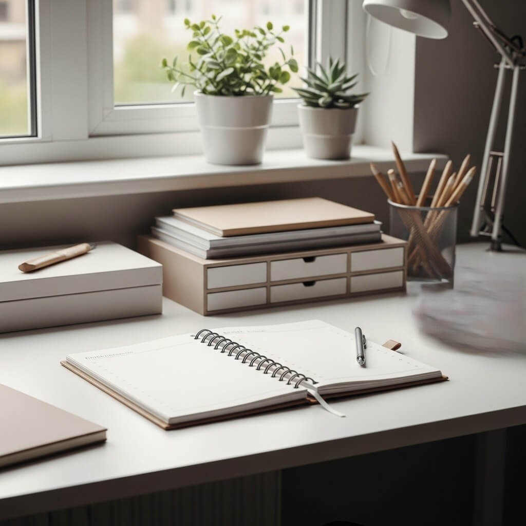 Minimalist workspace with an open spiral notebook, pen, potted plants, and pencil holder on a white desk by a window.