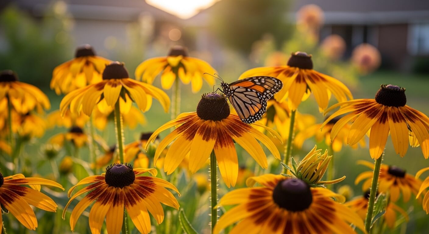 Monarch butterfly perched on a yellow and brown Black-eyed Susan flower in a sunlit garden.
