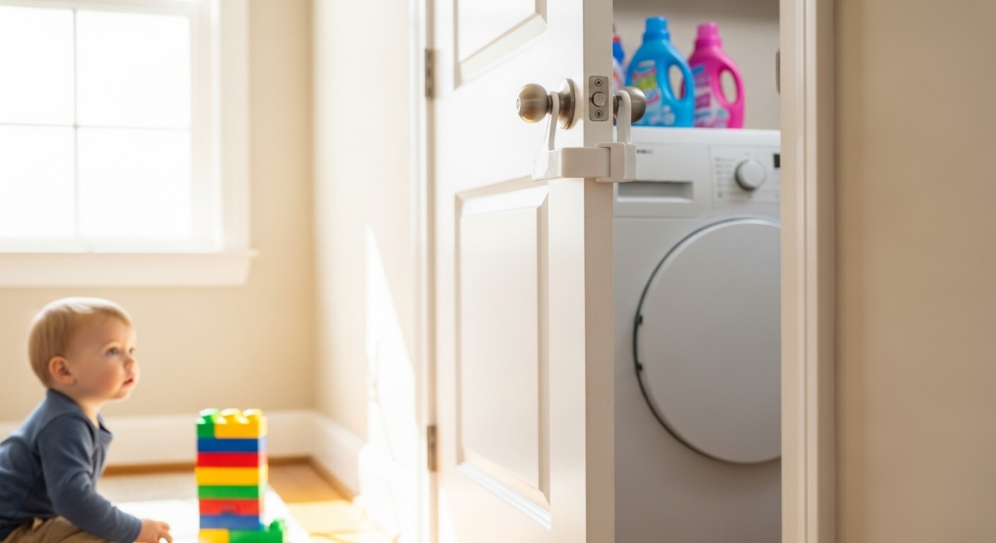 Toddler playing with colorful building blocks near a laundry room door secured with a child safety lock.