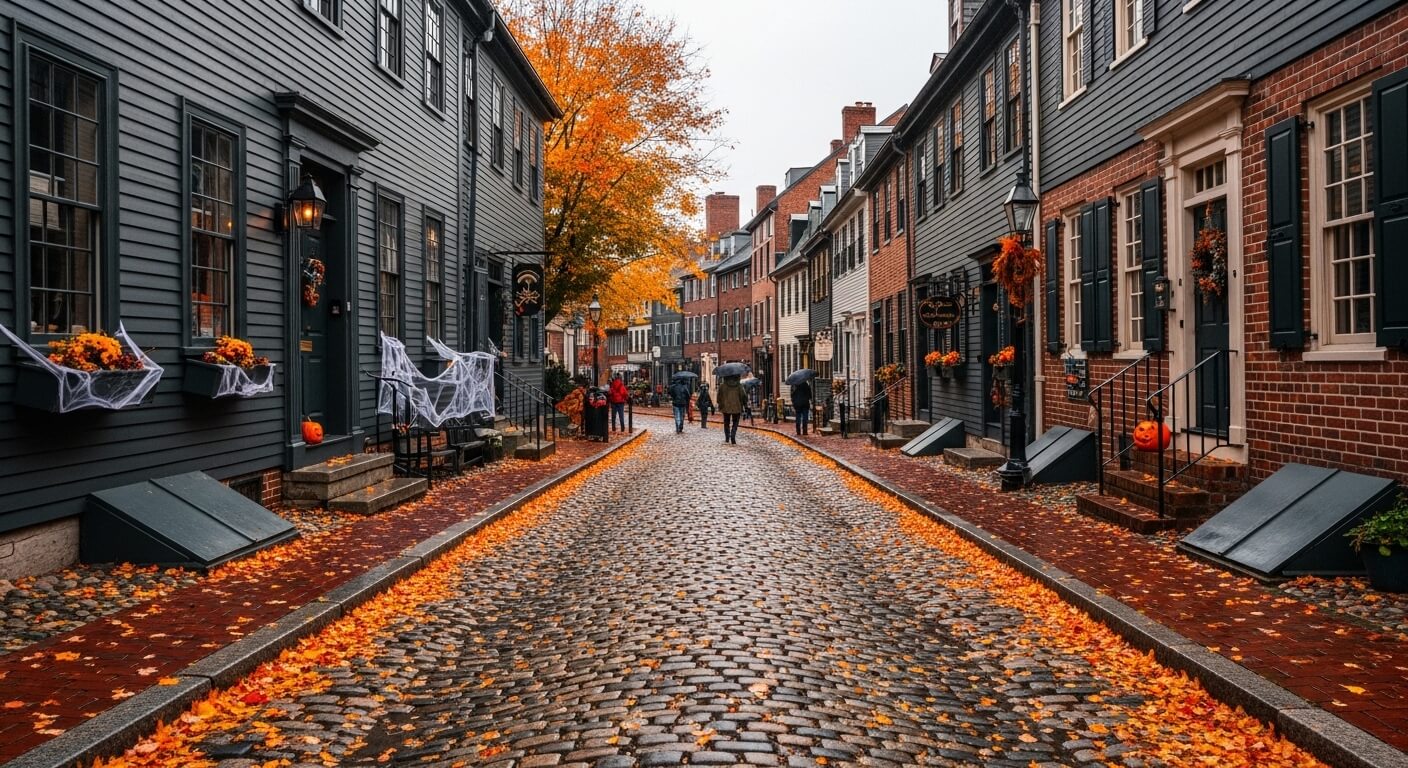 Cobblestone street lined with historic houses decorated with Halloween pumpkins and spider webs in autumn.