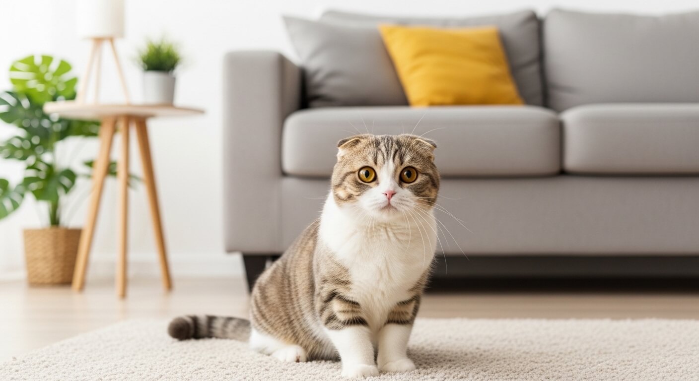 Scottish Fold cat with yellow eyes sitting on a carpet in a living room with a gray sofa and yellow pillow behind