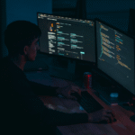 Person working on dual monitors displaying code and a profile page, with a Coca-Cola can on the desk.