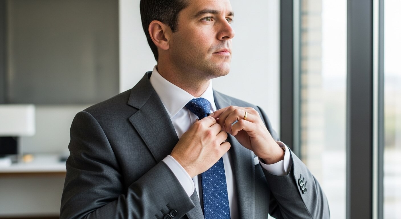 Man in gray suit adjusting blue tie while looking out office window
