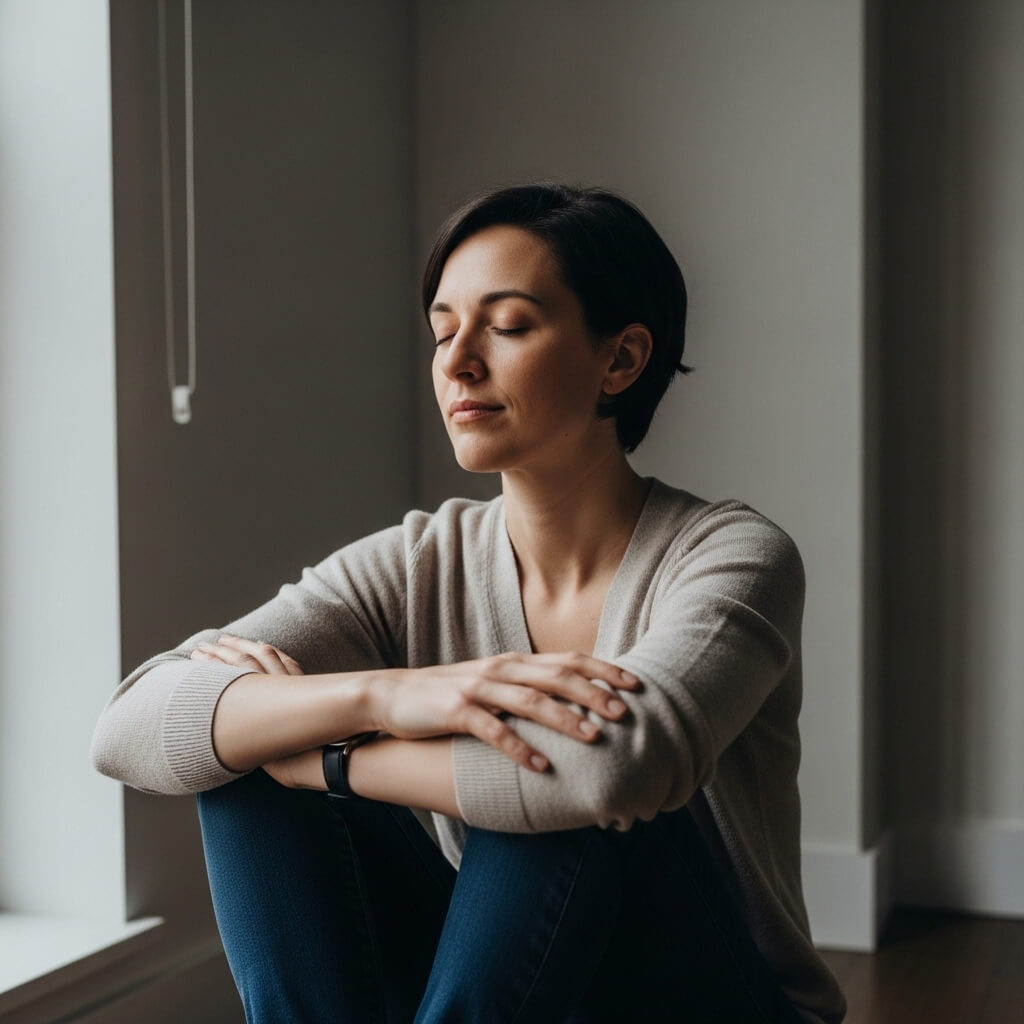 Woman with short dark hair sitting cross-legged by a window with eyes closed, wearing a beige sweater and jeans.