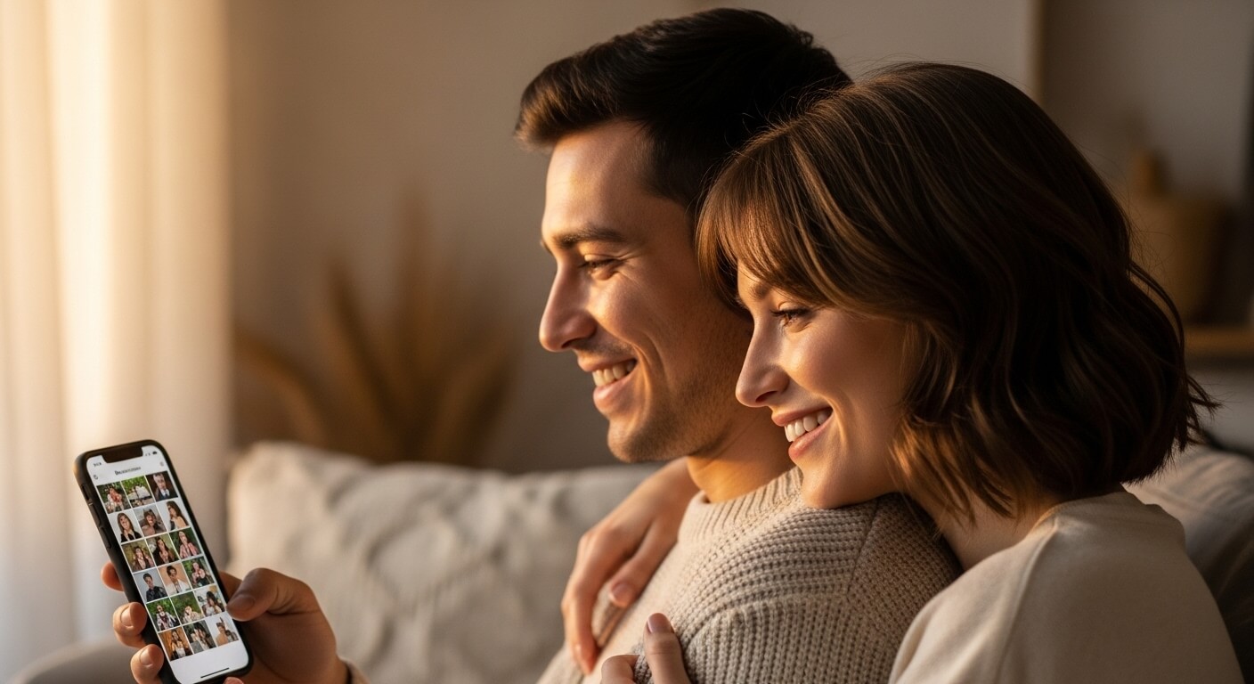 Smiling couple looking at photos on a smartphone while sitting closely on a couch in warm light