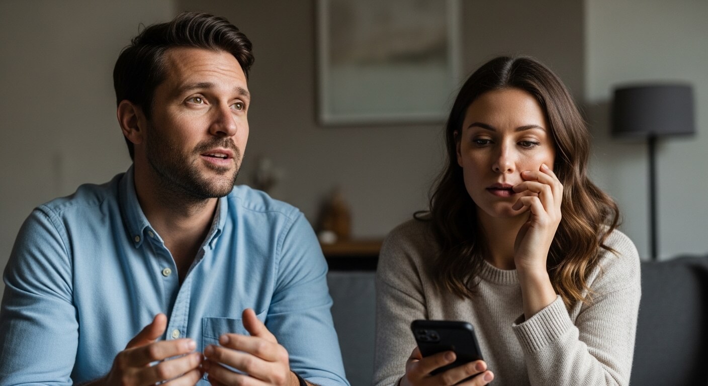 Man in blue shirt talking while woman in beige sweater looks worried holding a smartphone on a couch