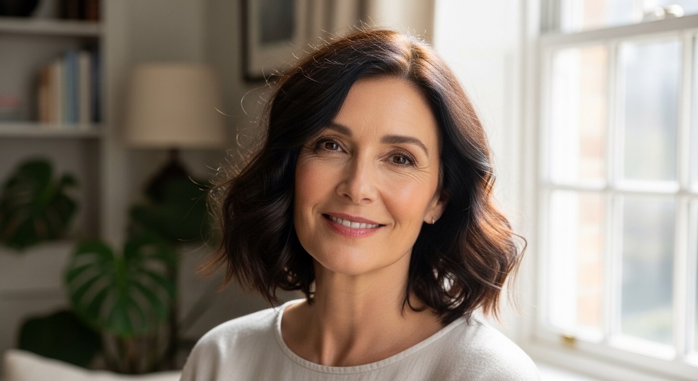 Smiling middle-aged woman with wavy dark hair wearing a white top near a window in a cozy room.