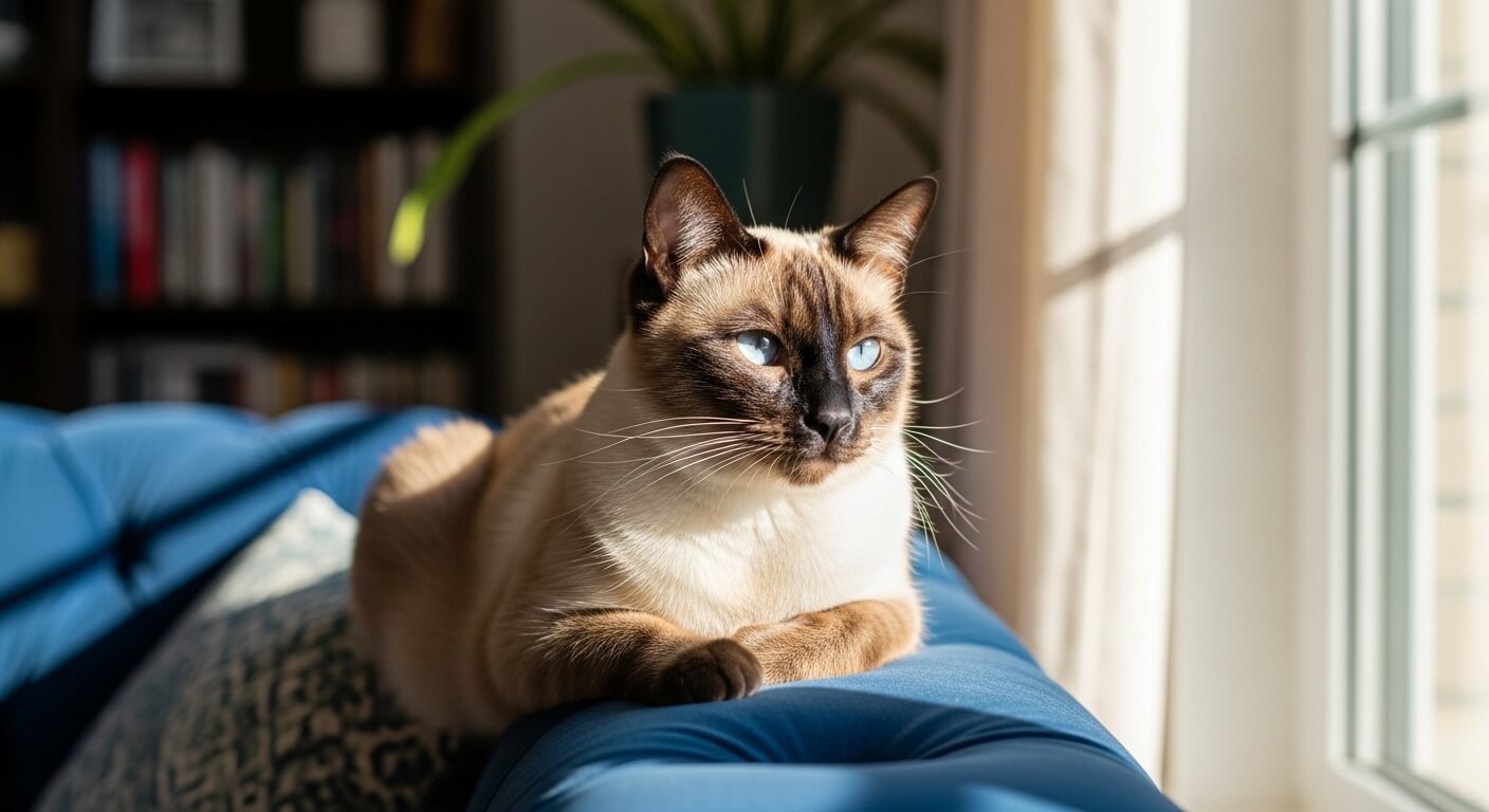 Siamese cat with blue eyes resting on a blue couch near a sunlit window.