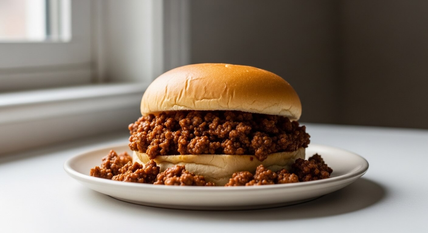 Sloppy joe sandwich with seasoned ground beef on a white plate by a window