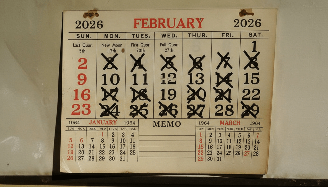 February 2026 calendar page with dates from 1 to 29, many days crossed out in black marker.