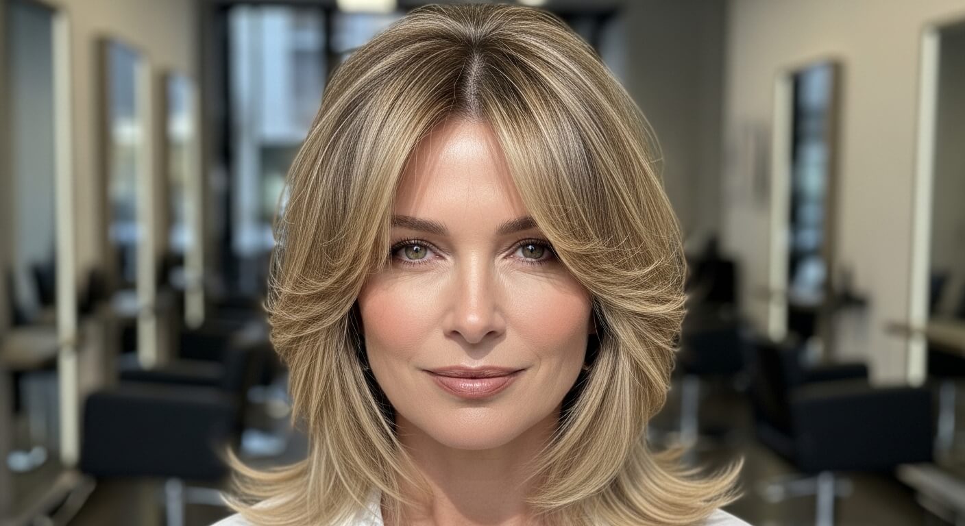 Woman with layered blonde hairstyle smiling in a modern hair salon interior