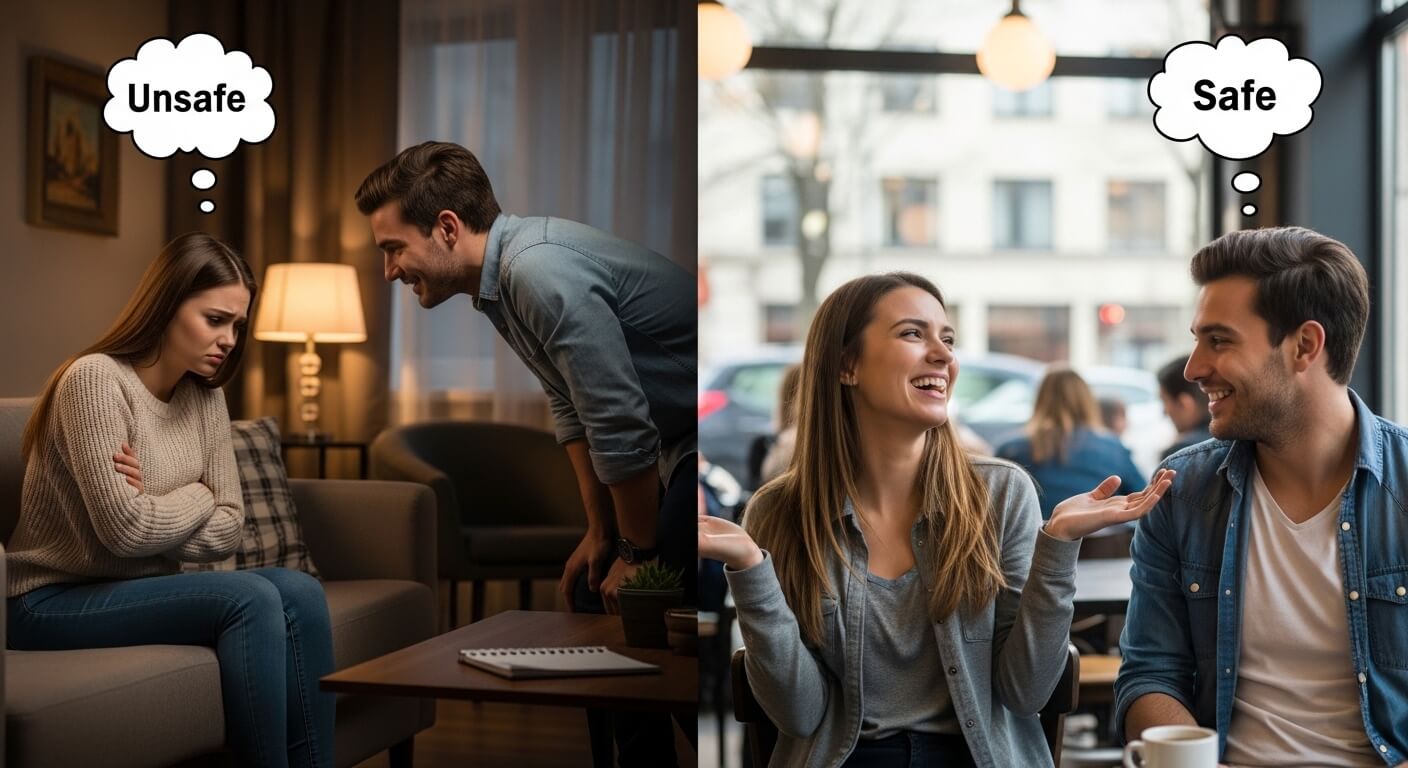 Woman looking upset with man leaning toward her indoors labeled "Unsafe," and the same woman smiling with man in a cafe labeled "Safe"