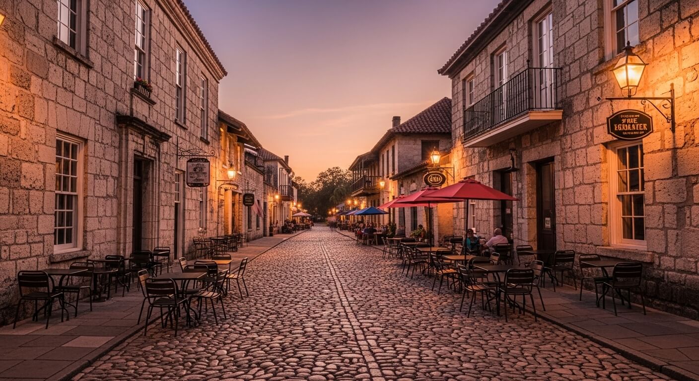 Cobblestone street with outdoor café tables and umbrellas along stone buildings at sunset.