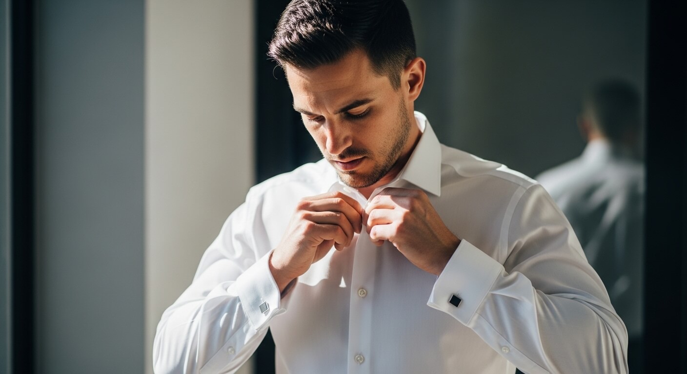 Man buttoning white dress shirt cuffs with black cufflinks in front of a mirror